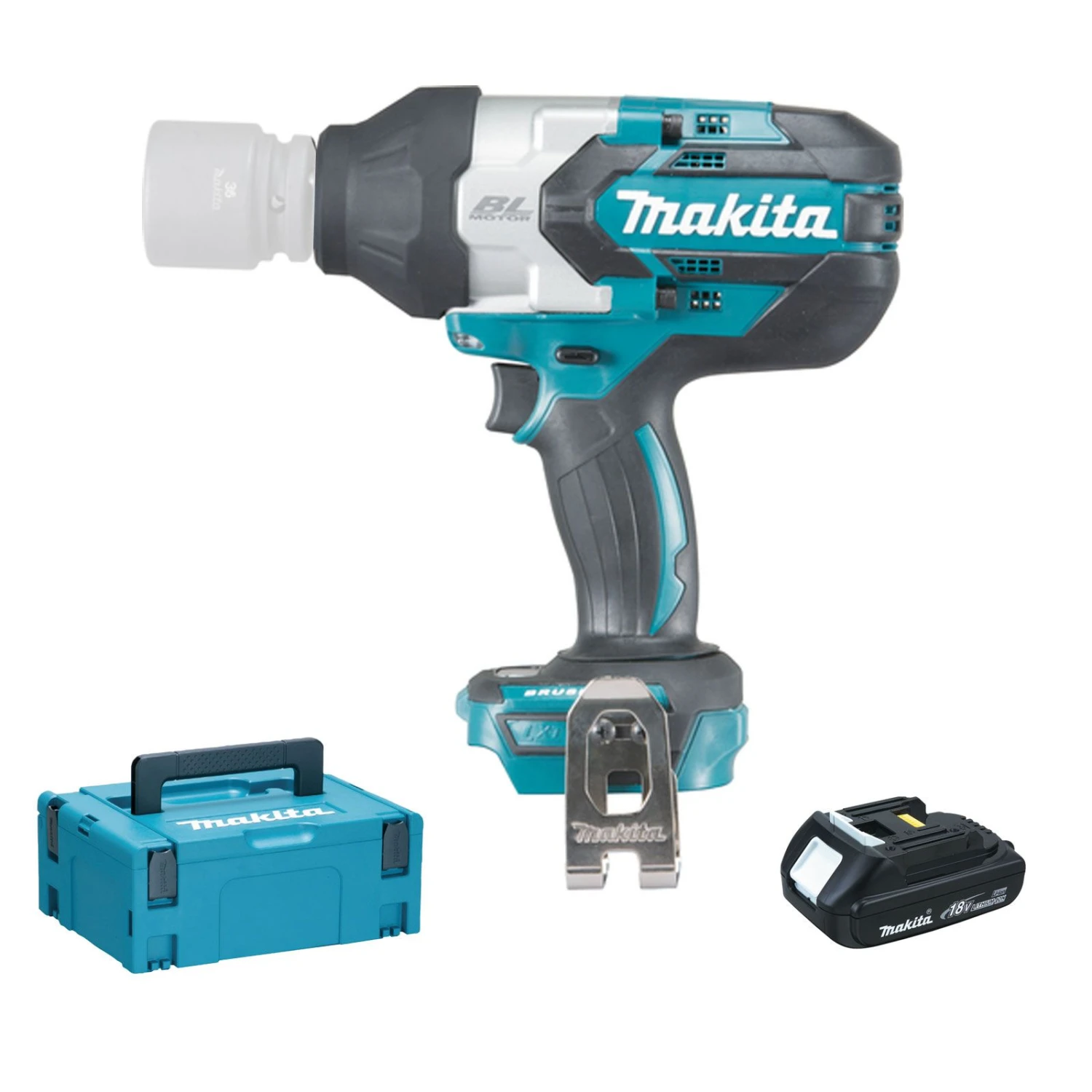 Makita DTW1001Y1J 18V Li-Ion Accu Slagmoersleutel Set (1x 1.5Ah Accu) In Mbox - 1050Nm - 3/4" - Koolborstelloos 1 Makita DTW1001Y1J 18V Li-Ion Accu Slagmoersleutel Set (1x 1.5Ah Accu) In Mbox - 1050Nm - 3/4" - Koolborstelloos