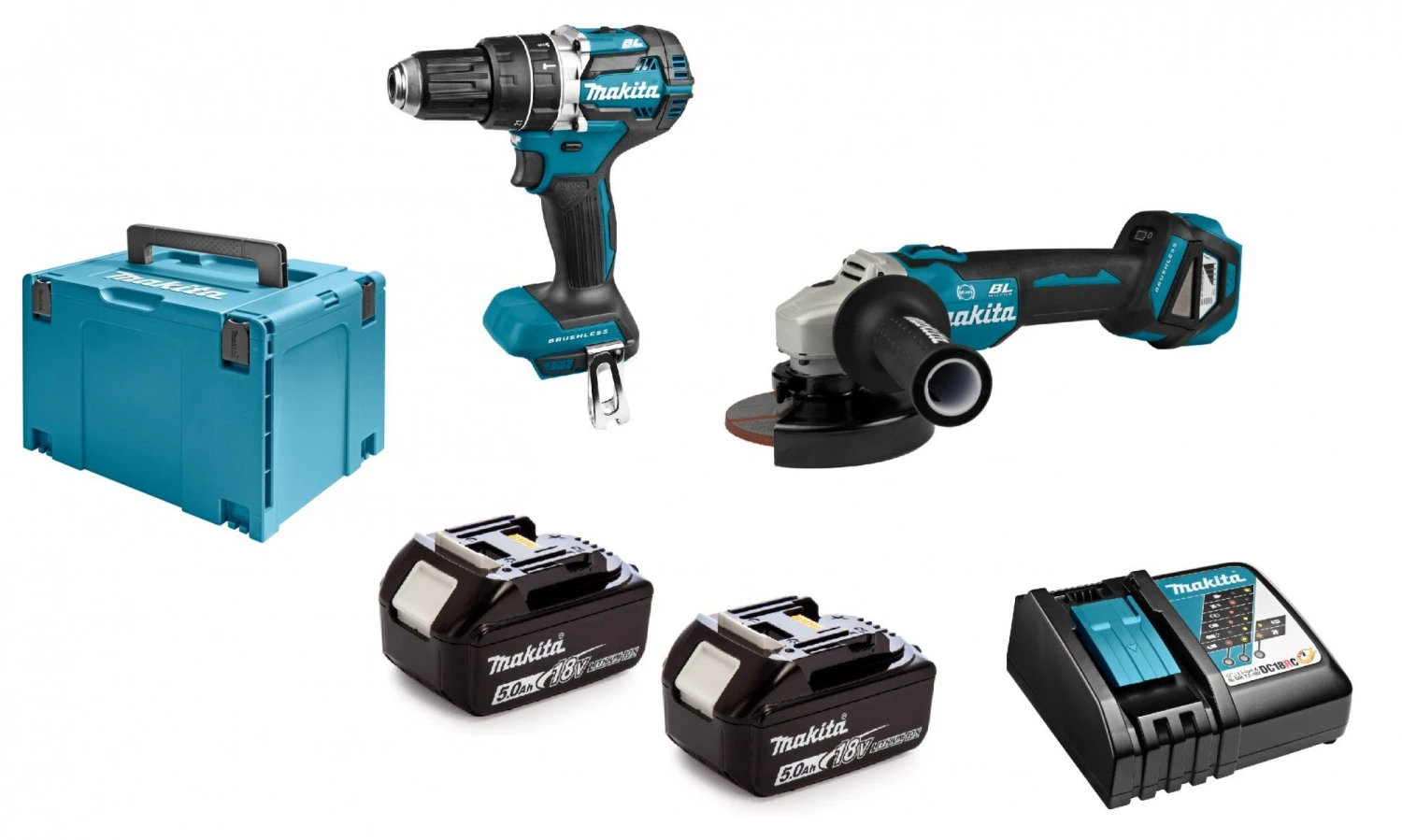 Makita DLX2272TJ 18V Li-Ion Accu Klopboor-/schroefmachine (DHP484Z) & Haakse Slijper (DGA513) Combiset (2x 5.0Ah Accu) In Mbox 1 Makita DLX2272TJ 18V Li-Ion Accu Klopboor-/schroefmachine (DHP484Z) & Haakse Slijper (DGA513) Combiset (2x 5.0Ah Accu) In Mbox